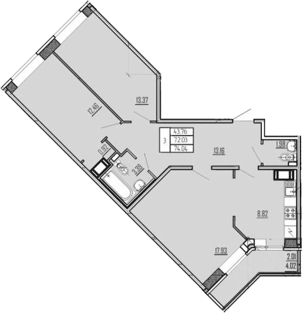 3-комнатная квартира 74.07 м², 18/20 эт., ЖК «Стороны Света»